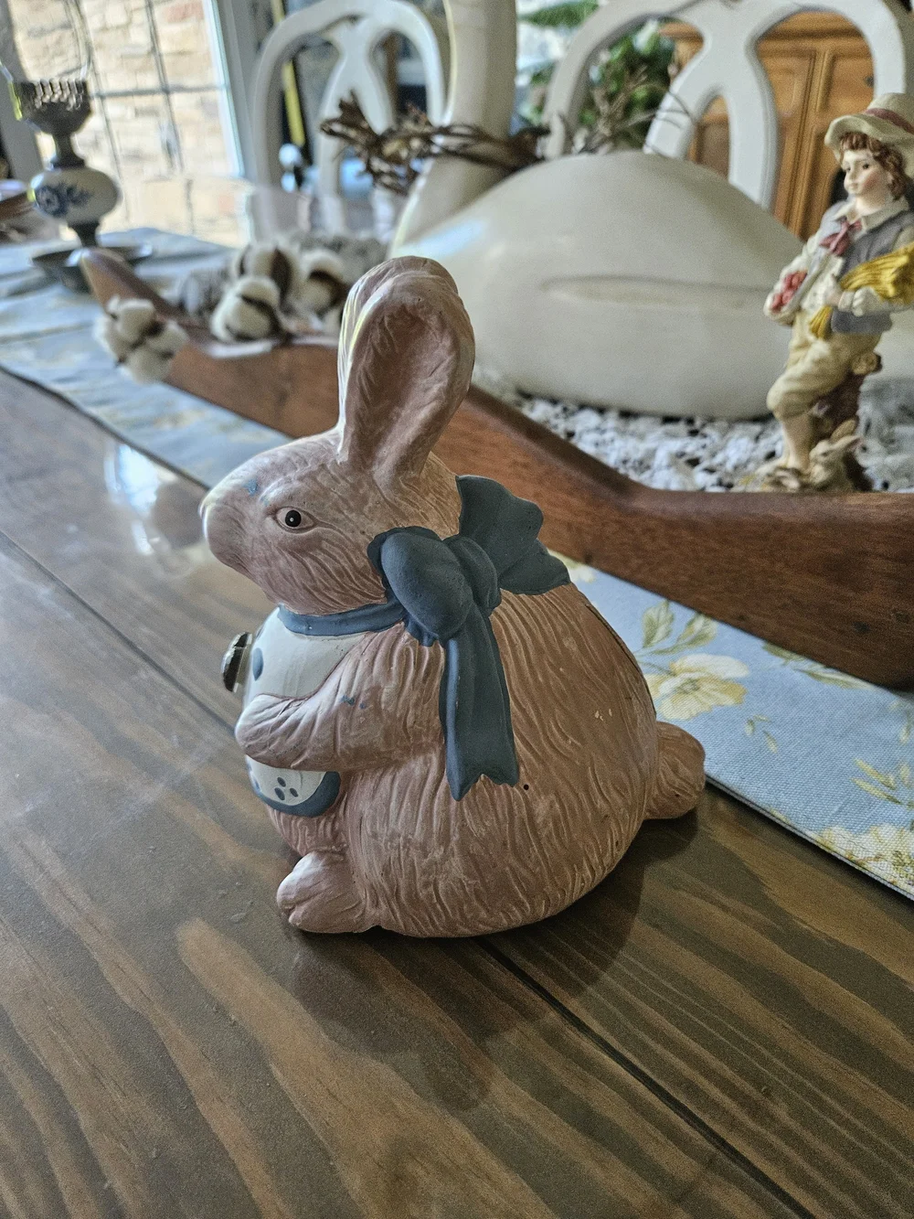 Decorative Pink Bunny Figurine with Blue Accent - Pets Small Pets